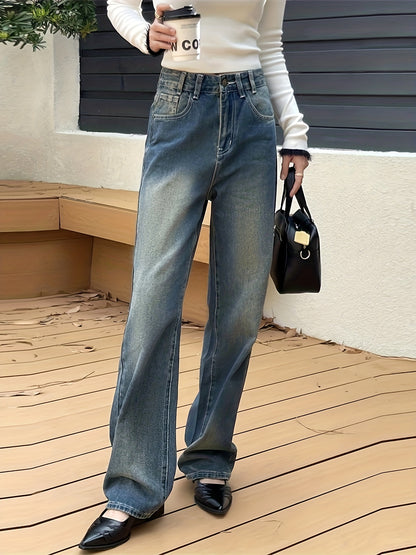 Antmvs Blue Slant Pockets Straight Jeans, Non-Stretch Loose Fit Washed Denim Pants, Women's Denim Jeans & Clothing