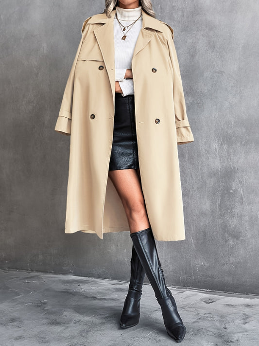 Antmvs Solid Double Breasted Belt Trench Coat, Elegant Long Sleeve Coat For Fall & Winter, Women's Clothing