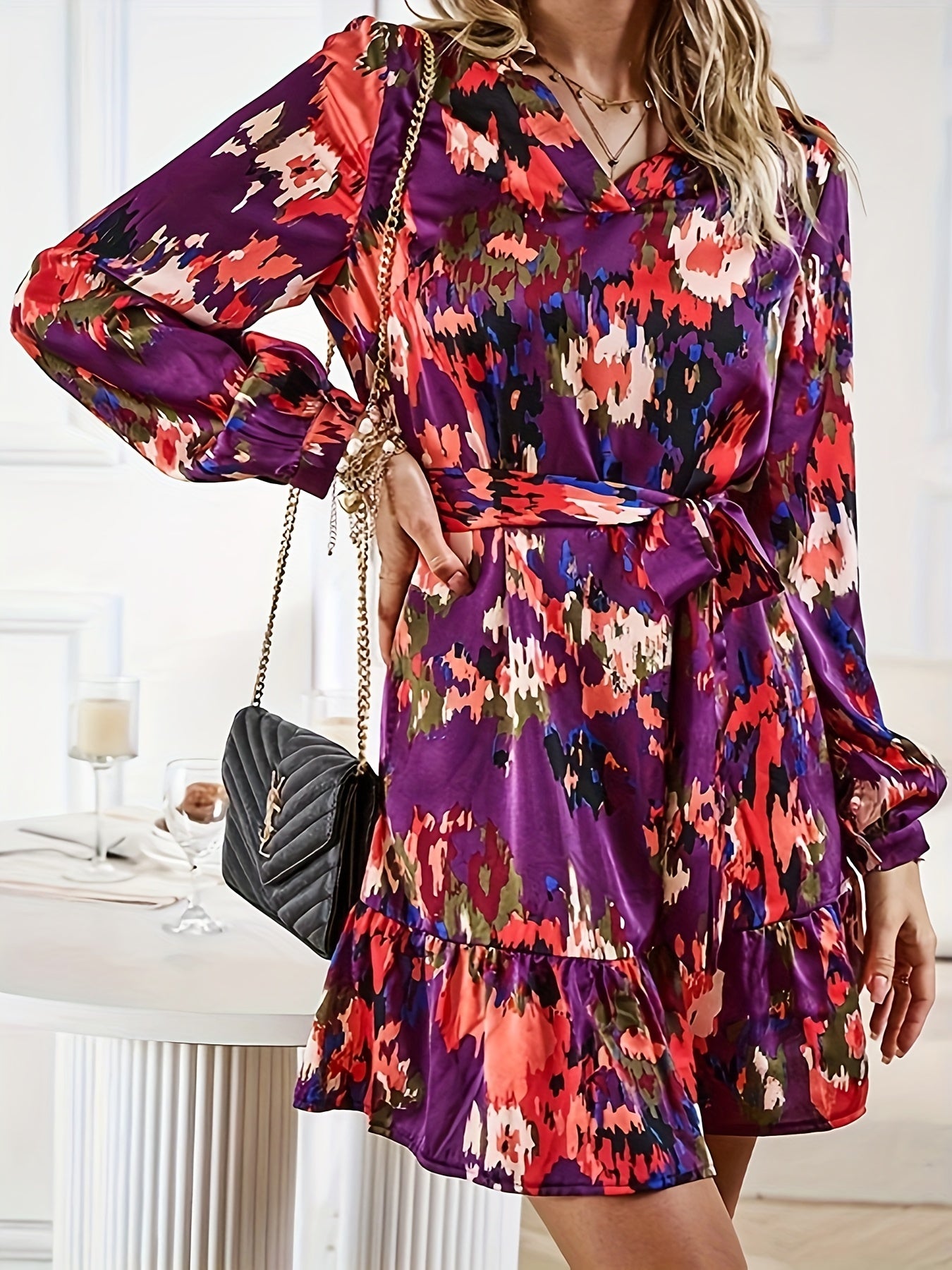 Antmvs Allover Print Long Sleeve Dress, Casual V Neck Tie-neck Ruffle Hem Dress, Women's Clothing