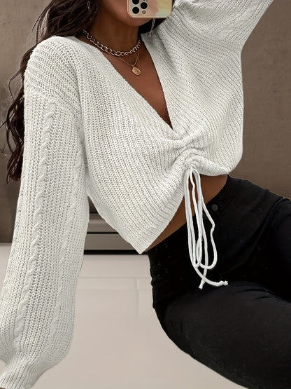 Antmvs Drawstring V Neck Crop Sweater, Casual Long Sleeve Sweater For Fall & Winter, Women's Clothing