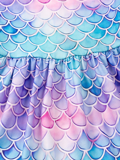 Girls' Summer Delight: Durable & Stretchy Fish Scale Gradient Dress with Ruffle Hem - Perfect for Parties & Holidays