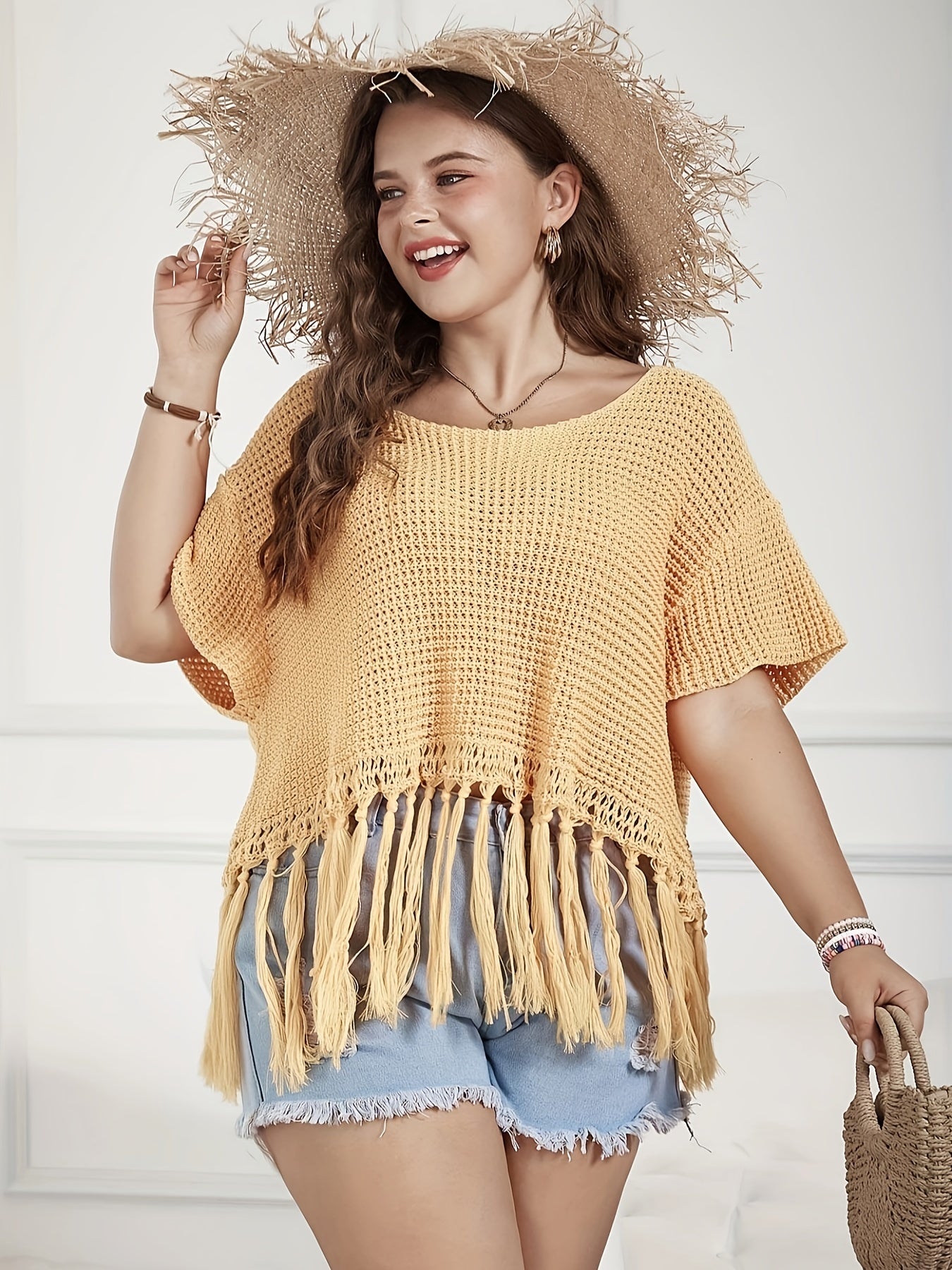 Antmvs Plus Size Vacay Sweater, Women's Plus Solid Waffle Crochet Tassel Trim Short Sleeve Crop Top