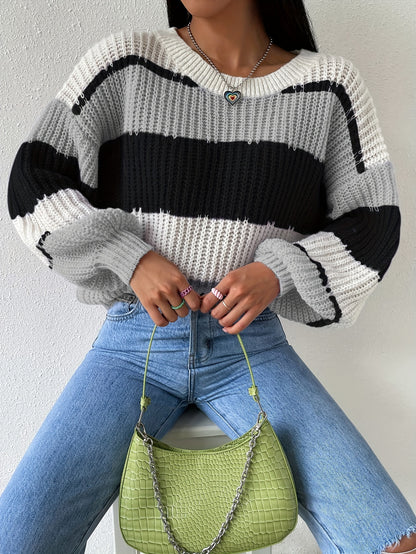 Antmvs Striped Crew Neck Pullover Sweater, Casual Long Sleeve Drop Shoulder Sweater, Women's Clothing