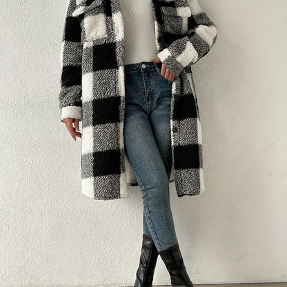 Antmvs Plaid Pattern Teddy Coat, Casual Button Front Long Sleeve Outerwear, Women's Clothing