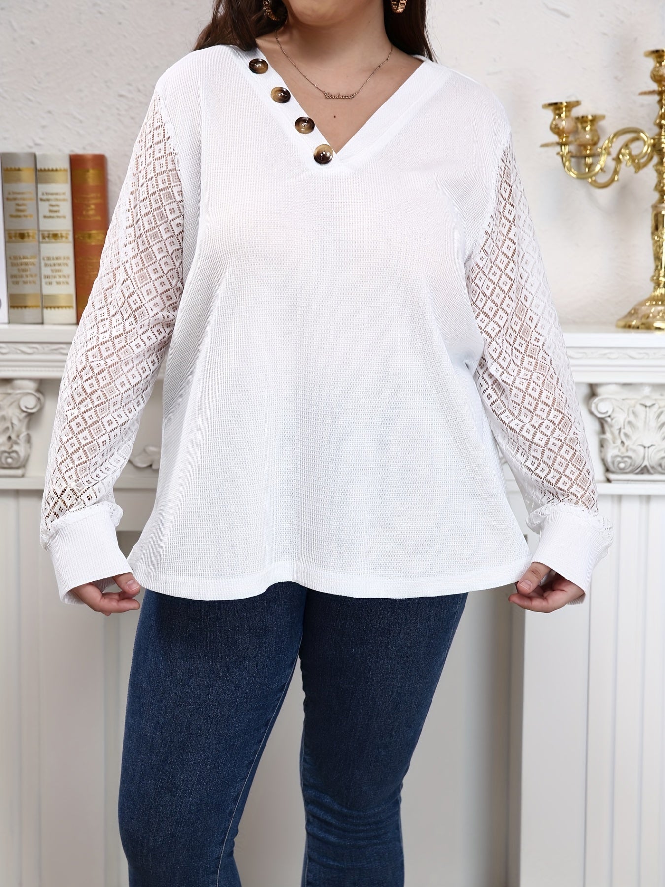 Antmvs Plus Size Casual Knit Top, Women's Plus Solid Contrast Lace V Neck Button Decor Long Sleeve Slight Stretch Sweater