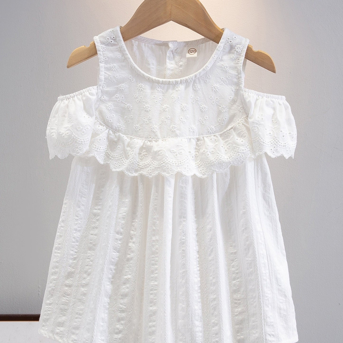 Girls' 100% Cotton Embroidered Summer Dress Shirt, Cute Baby Off-Shoulder Fashion Top With Lace Details, Toddler Kindergarten Outfit - White