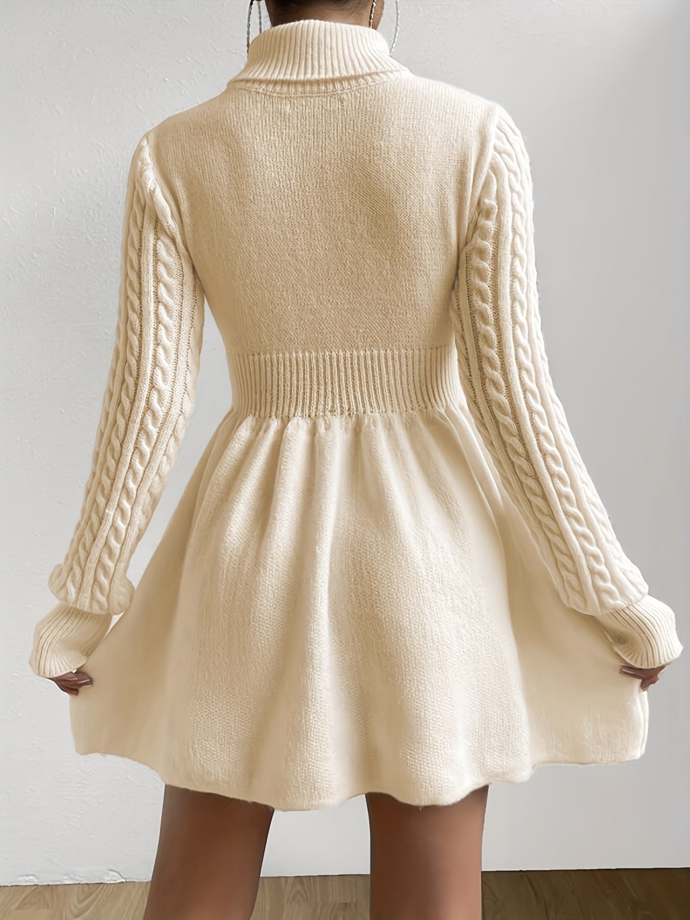 Antmvs Cable Knit Sweater Dress, Elegant Turtleneck Long Sleeve Dress, Women's Clothing