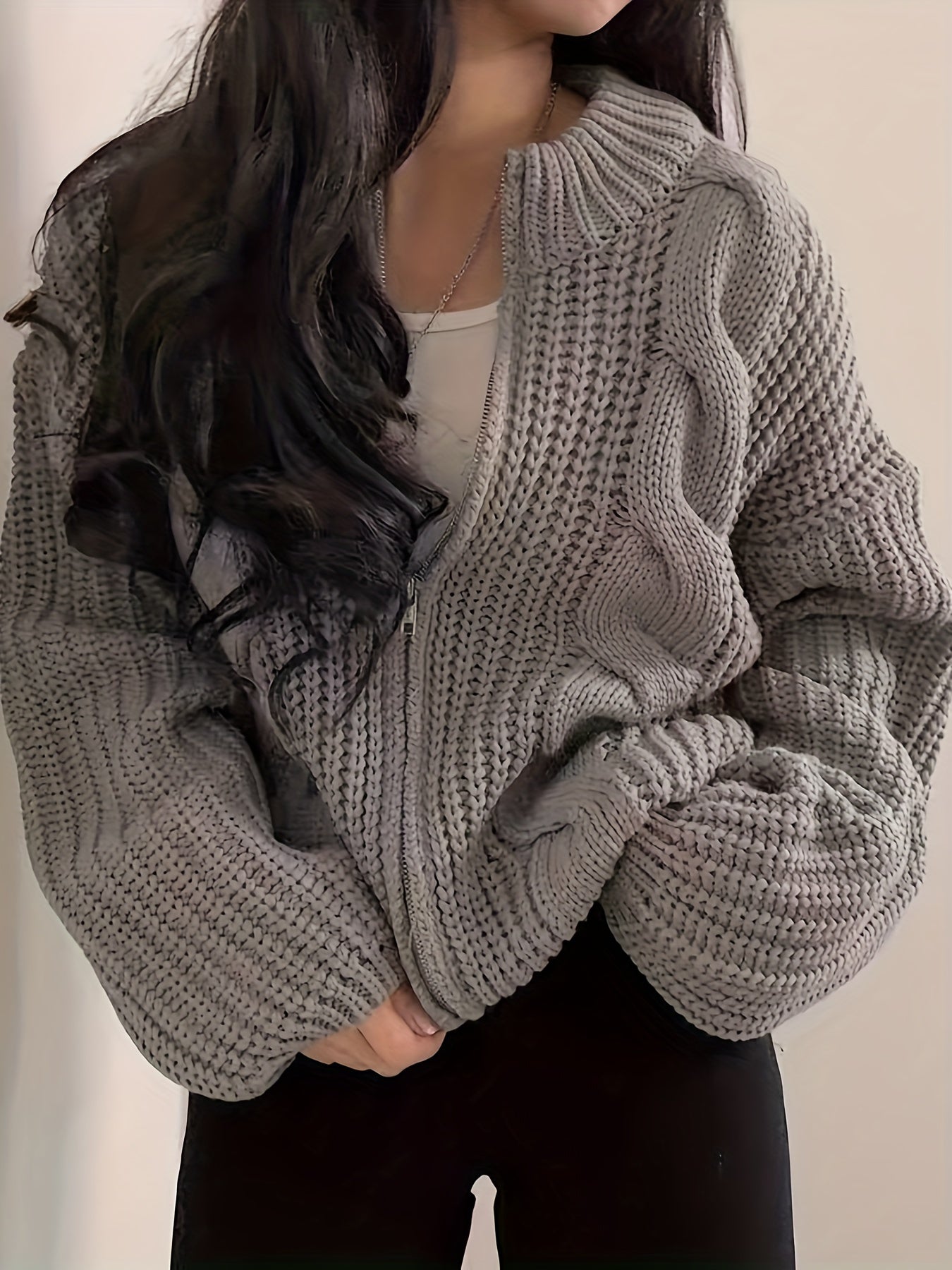 Antmvs Solid Zip Up Chunky Knit Cardigan, Vintage Long Sleeve Loose Sweater, Women's Clothing