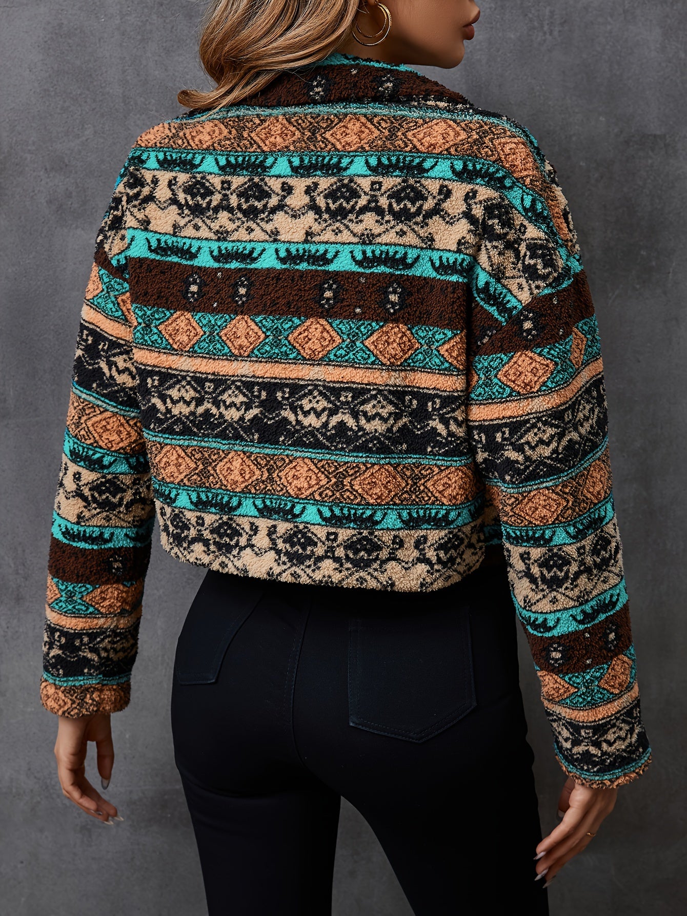 Antmvs Tribal Pattern Single Breasted Jacket, Vintage Long Sleeve Warm Outwear For Fall & Winter, Women's Clothing
