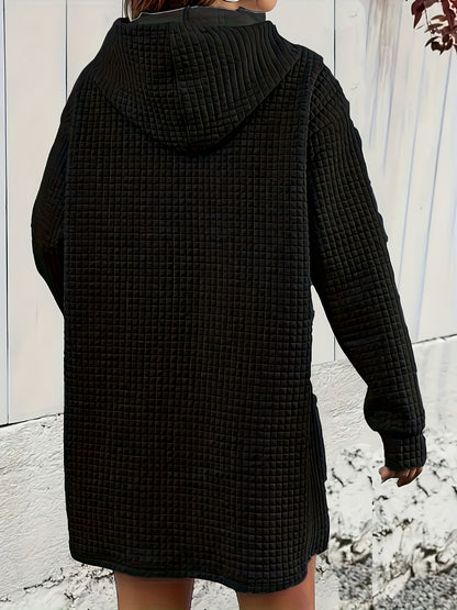 Antmvs Textured Drawstring Dress, Casual Hooded Long Sleeve Kangaroo Pocket Dress, Women's Clothing