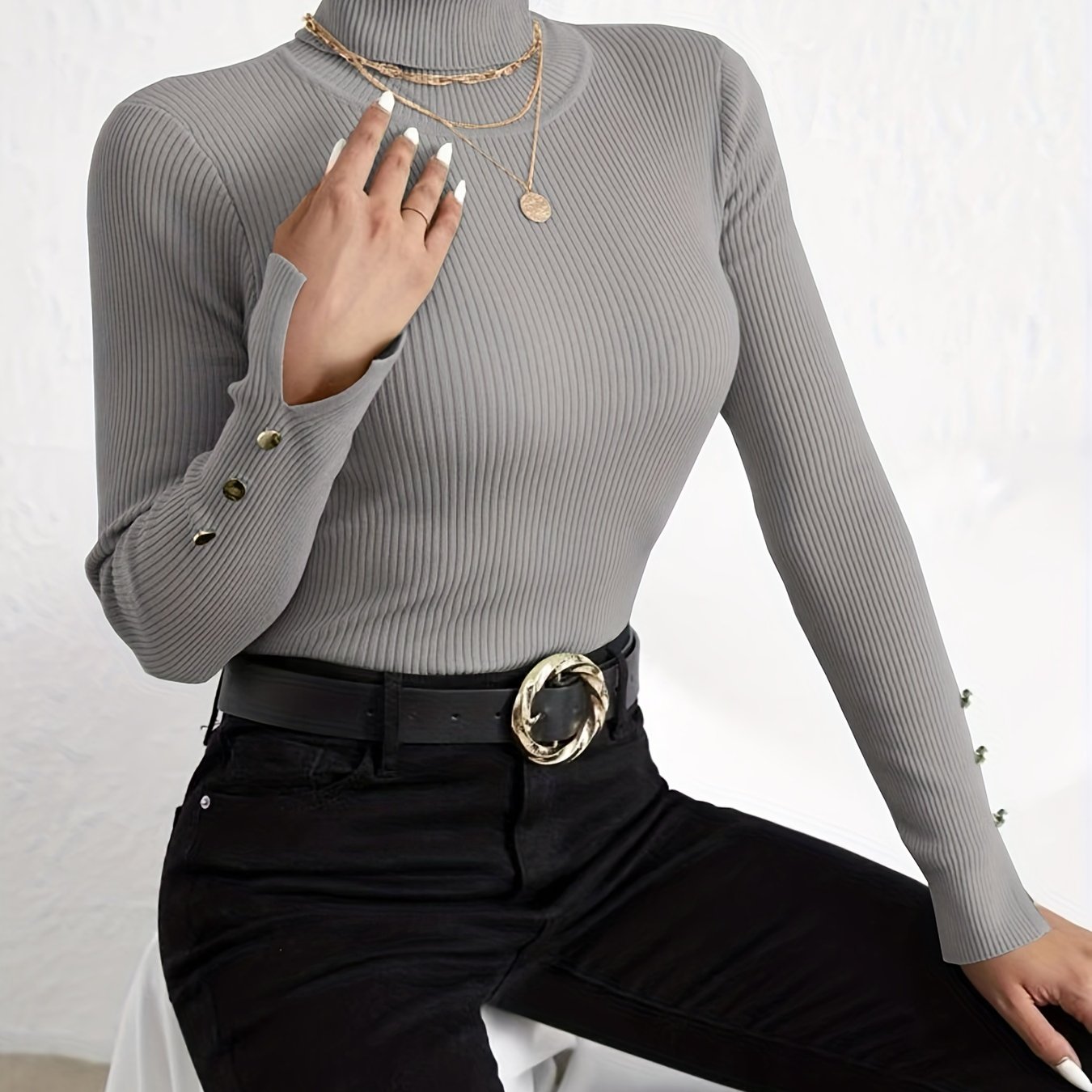 Antmvs Solid Turtle Neck Slim Pullover Sweater, Casual Long Sleeve Fake Button Sweater For Fall & Winter, Women's Clothing