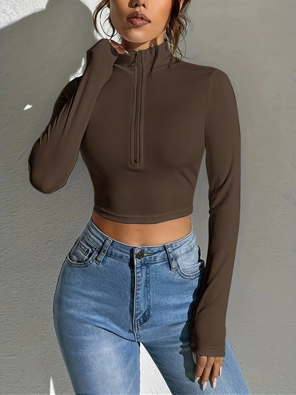 Antmvs Ribbed Zip Front Crop T-Shirt, Casual Long Sleeve Top For Spring & Fall, Women's Clothing