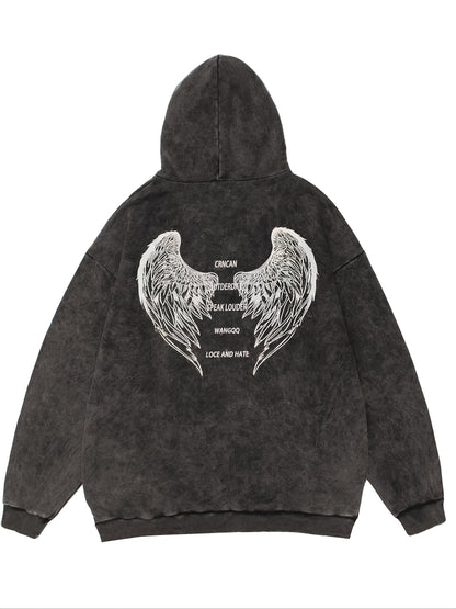 Antmvs Angel Wings & Letter Print Pullover Hoodie, Casual Long Sleeve Kangaroo Pocket Hoodie Sweatshirt, Women's Clothing