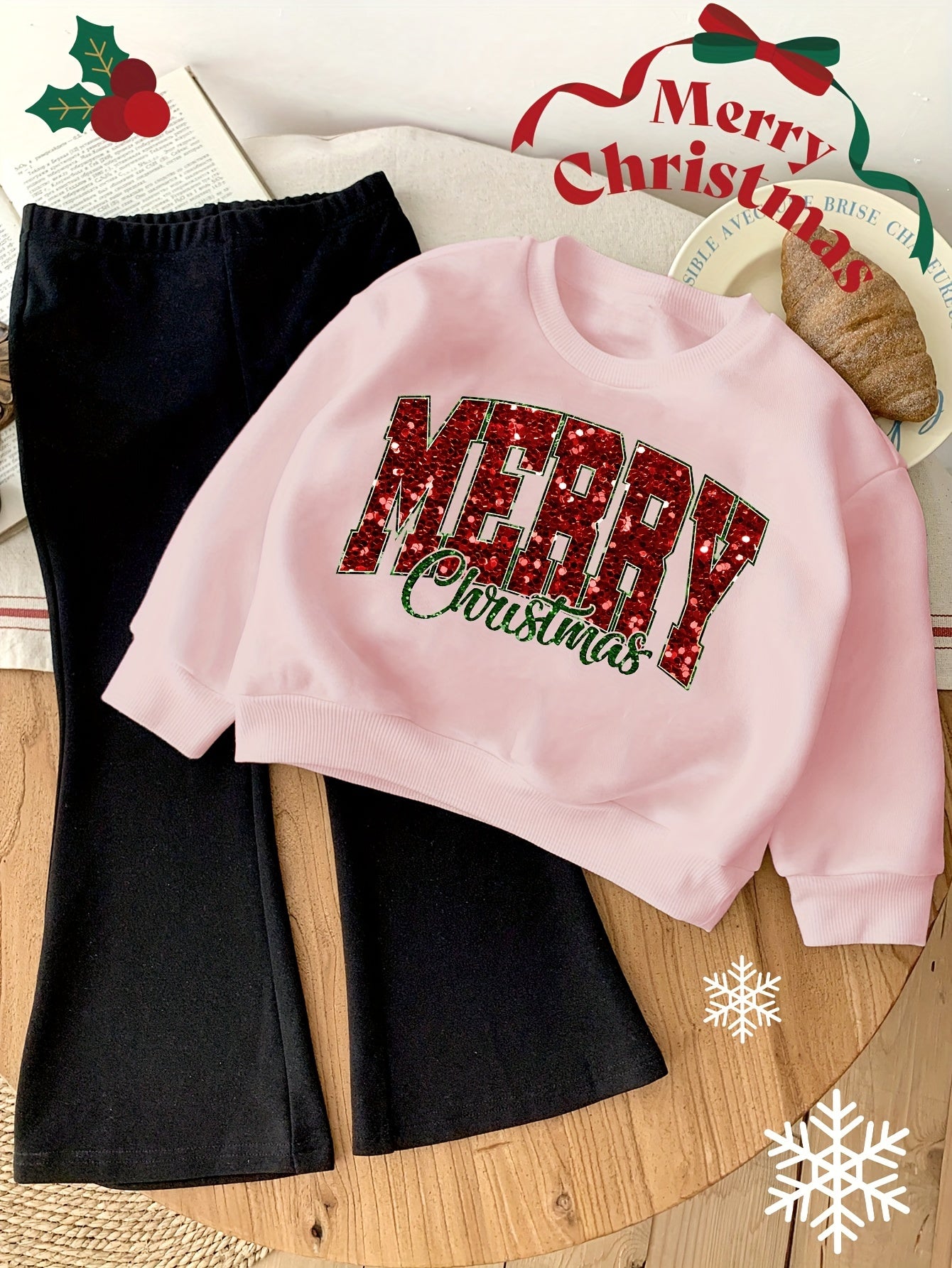 2-Piece Girl's Fashion Merry Christmas Letter Print Sweatshirt And Flared Pants Set - Casual Style, Autumn/Winter Outdoor Outfit