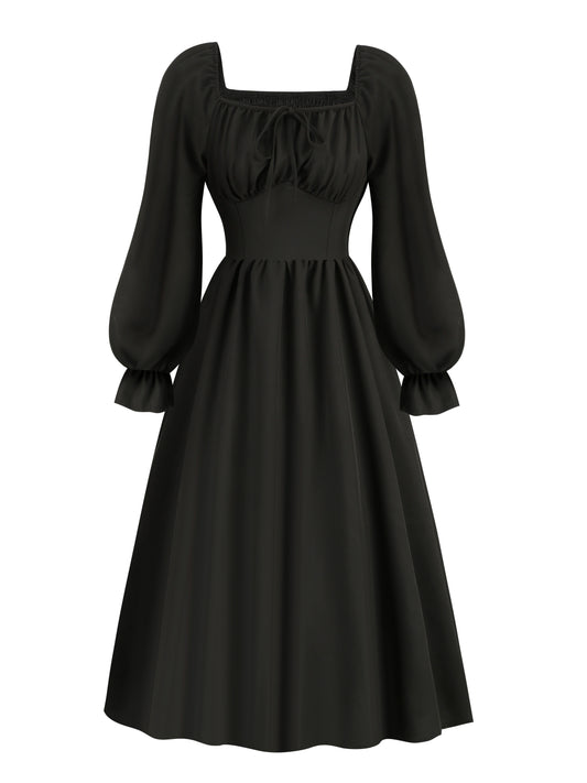 Antmvs Tie Front Lantern Long Sleeve Dress, Casual Solid Squared Neck Dress, Women's Clothing