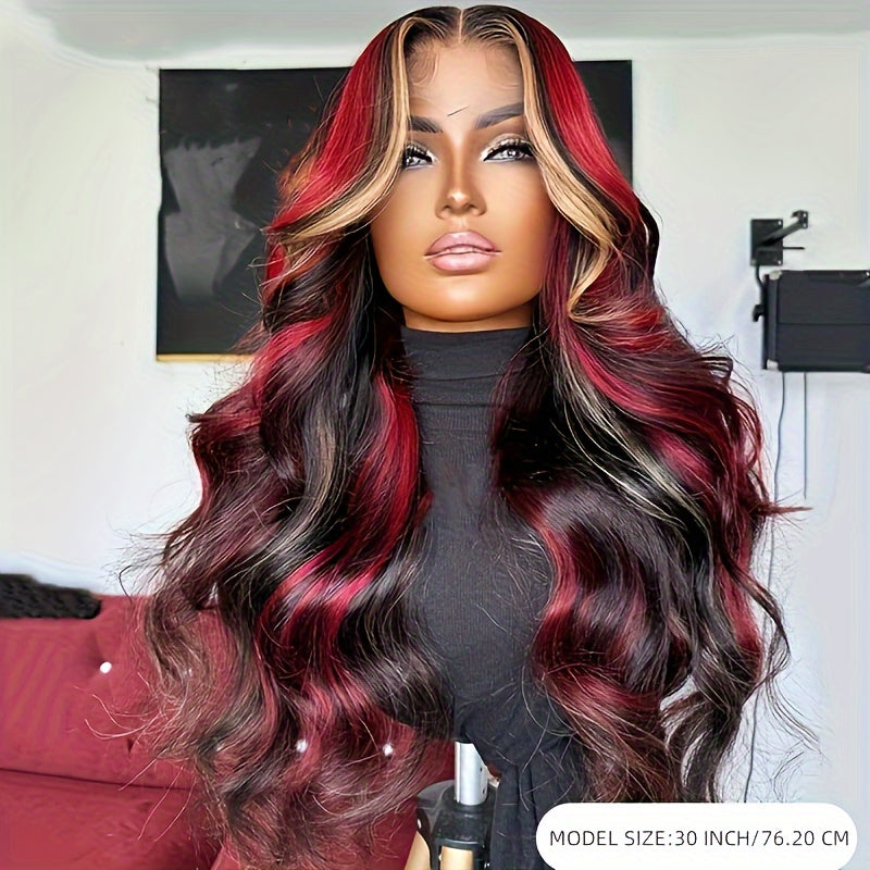 Luxurious Blonde & Red Highlighted Wig | 180% Full Body Wave | 13x4 Pre-Plucked Lace Front | Natural Brazilian Remy Hair for Professional Women