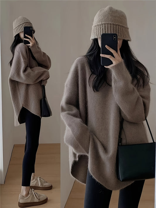 Antmvs Solid Crew Neck Pullover Sweater, Casual Split Long Sleeve Oversized Sweater, Women's Clothing