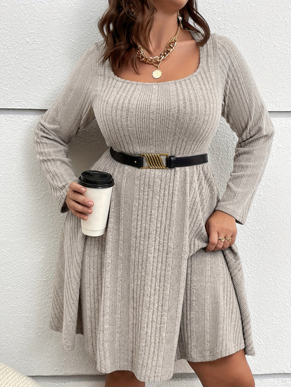 Antmvs Plus Size Casual Dress, Women's Plus Solid Ribbed Long Sleeve Round Neck Dress
