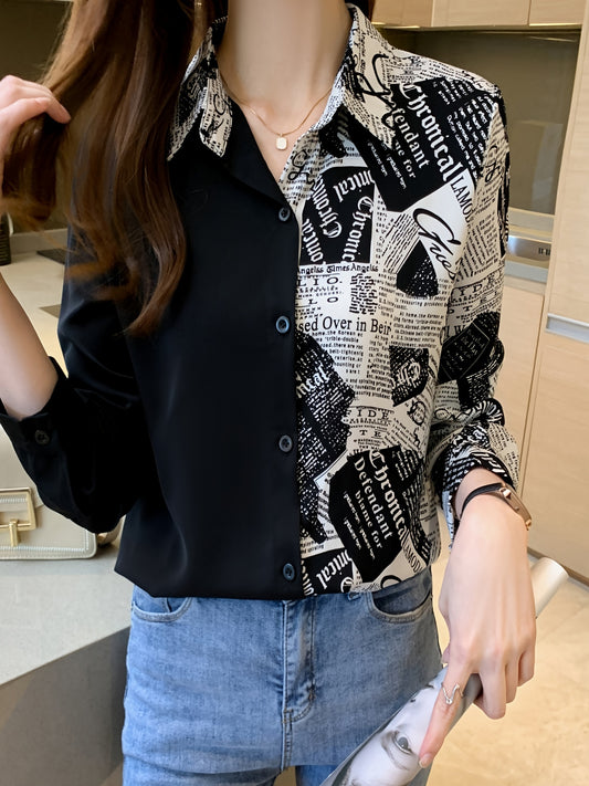 Antmvs Color Block Letter Print Shirt, Button Down Long Sleeve Shirt, Casual Every Day Tops, Women's Clothing