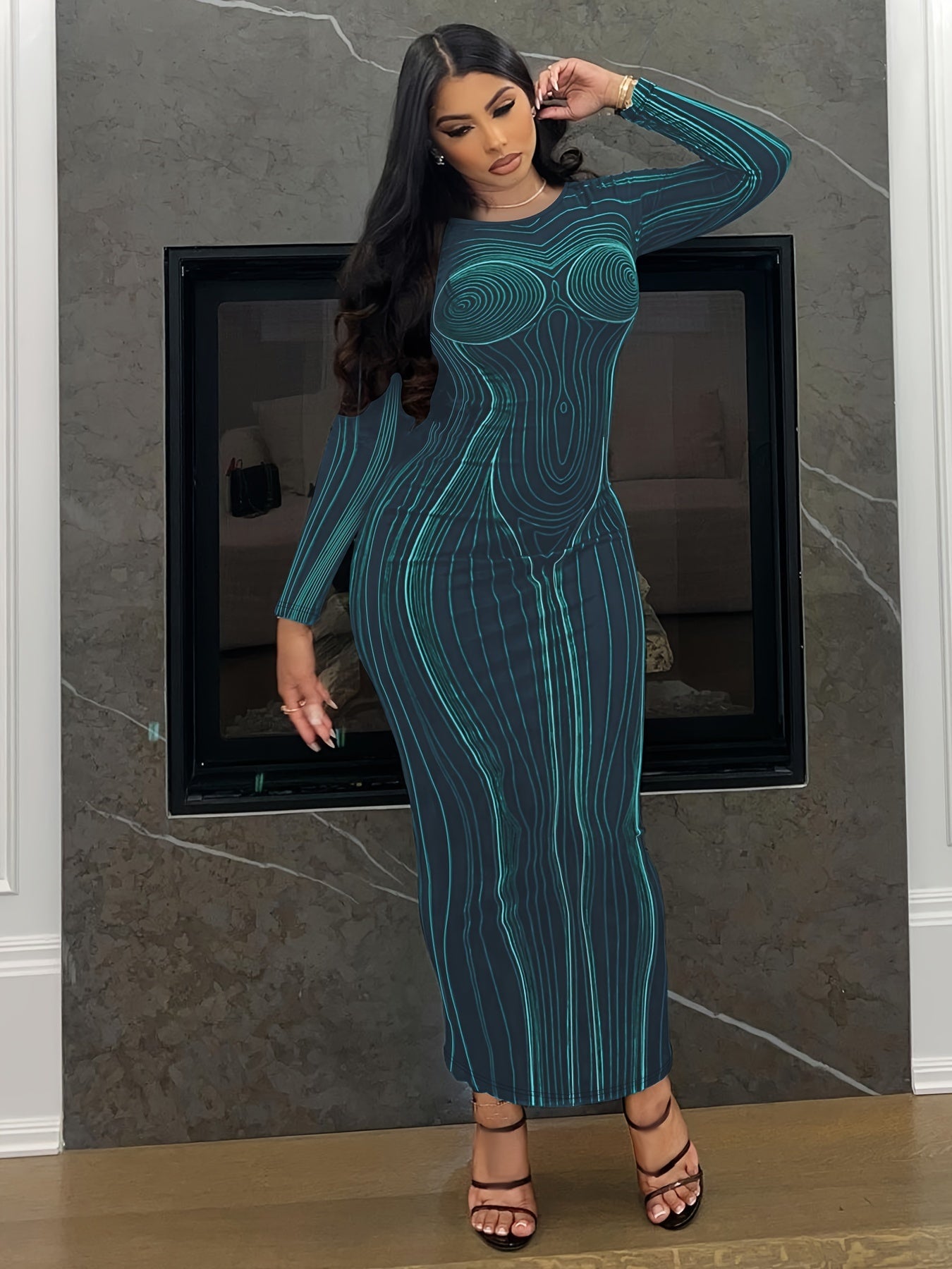 Antmvs Plus Size Sexy Dress, Women's Plus Stripe Print Long Sleeve Round Neck Backless Skinny Maxi Dress