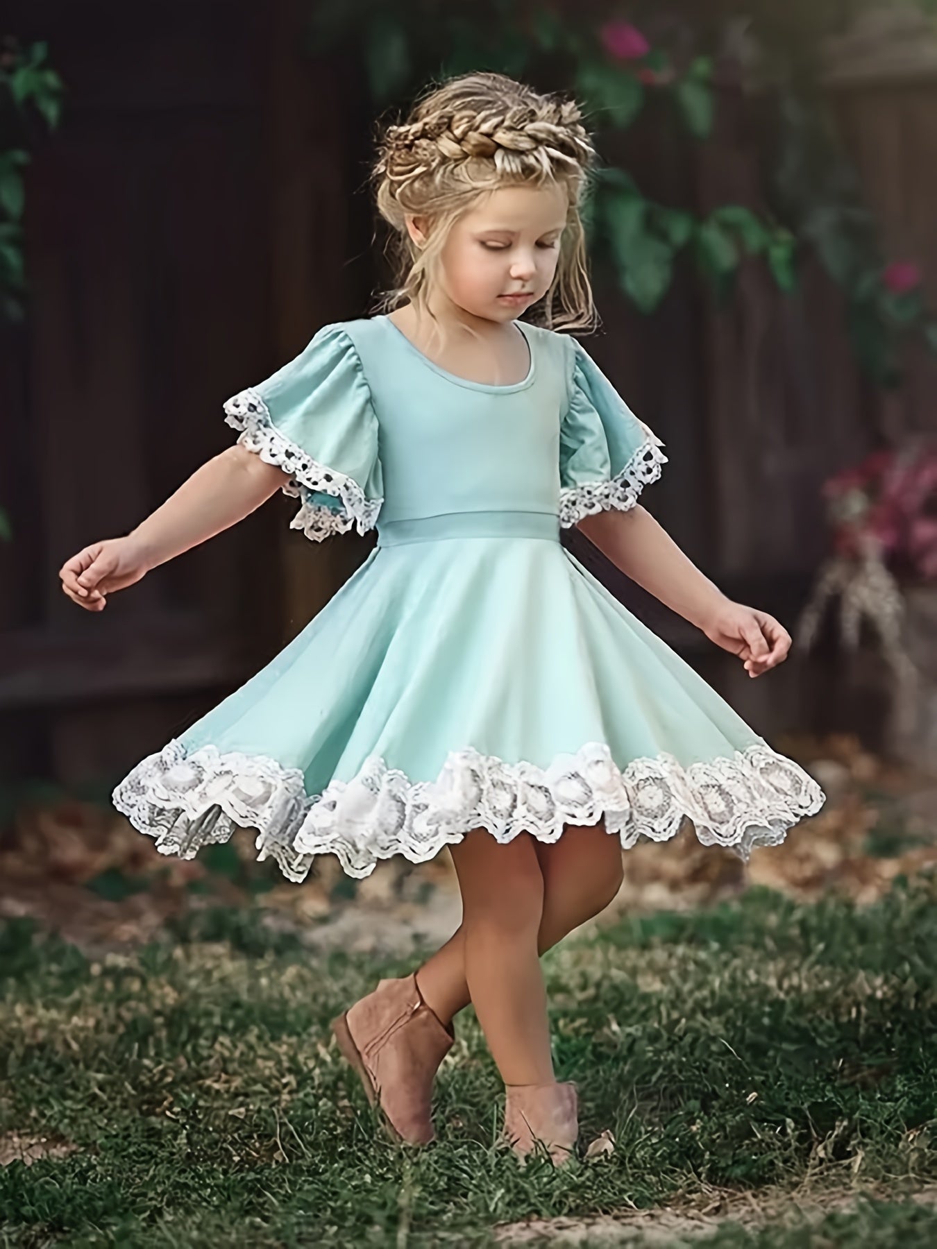 Toddler Girls Butterfly Sleeve Contrast Lace Trim Princess Dress For Party Beach Vacation Kids Summer Clothes