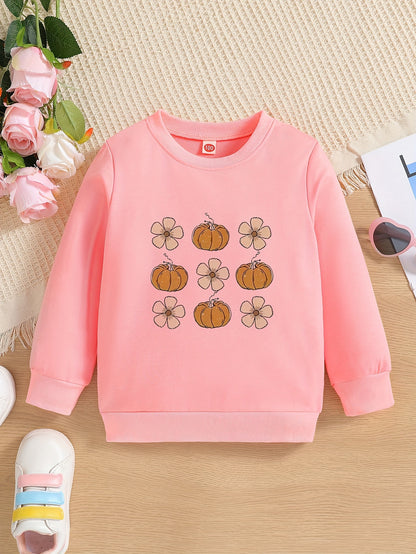 Vibrant Floral and Pumpkin Graphic Toddler Crew Neck Sweatshirt - Soft, Casual, and Comfy Holiday Party Top for Little Girls - Perfect Gift for Kids' Special Occasions