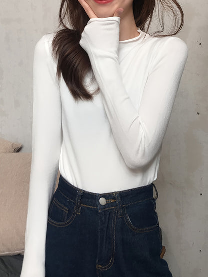 Antmvs Solid Mock Neck Knitted Top, Casual Long Sleeve Inner Wear Top, Women's Clothing