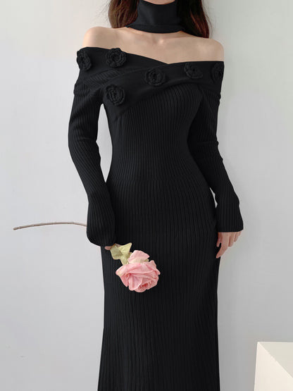 Antmvs Ribbed Floral Decor Dress, Elegant Long Sleeve Bodycon Midi Dress, Women's Clothing