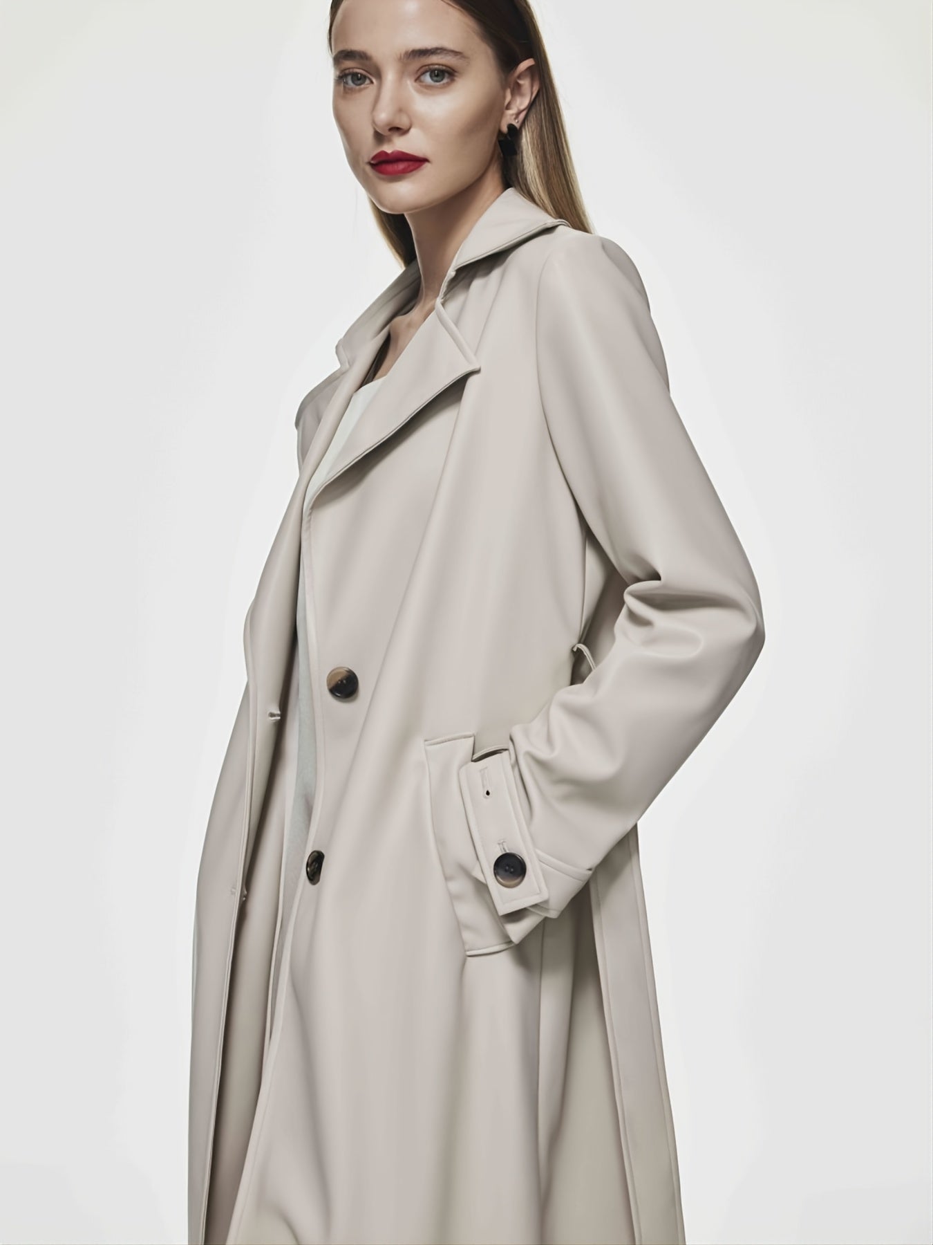 Antmvs Solid Faux Leather Double Lapel Long Sleeve Trench Coat, Fashion Fall Winter Overcoat, Women's Clothing