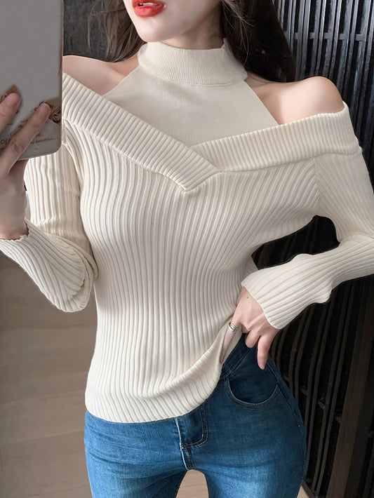 Antmvs Cold Shoulder Choker Neck Sweater, Chic Long Sleeve Sweater For Fall & Winter, Women's Clothing