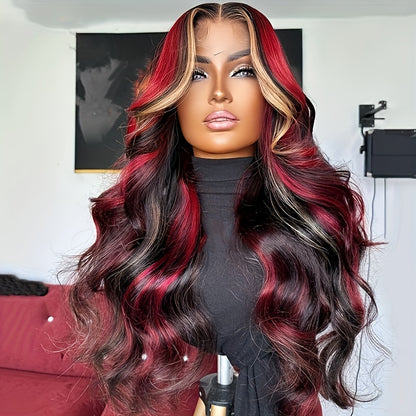 Luxurious Blonde & Red Highlighted Wig | 180% Full Body Wave | 13x4 Pre-Plucked Lace Front | Natural Brazilian Remy Hair for Professional Women