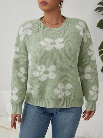 Antmvs Plus Size Casual Sweater, Women's Plus Floral Print Long Sleeve Round Neck Jumper