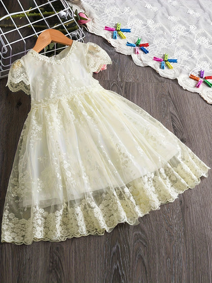 Toddler Kid's Elegant Lace Mesh Dress, Solid Color Cap Sleeve Princess Dress, Baby Girl's Clothing For Formal Occasion/Birthday Party/Photography