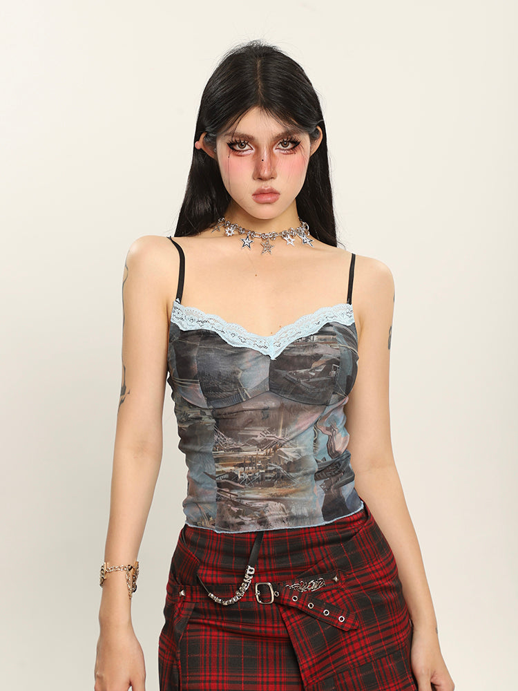 Antmvs Fiona Graphic Image Print Spaghetti Strap V-Neck Lace Patchwork Slim Camisole Top