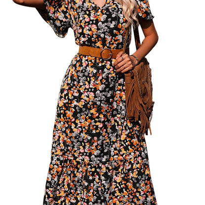 Antmvs Floral Print V Neck Dress, Casual Short Sleeve Ruffle Trim Summer Dress, Women's Clothing