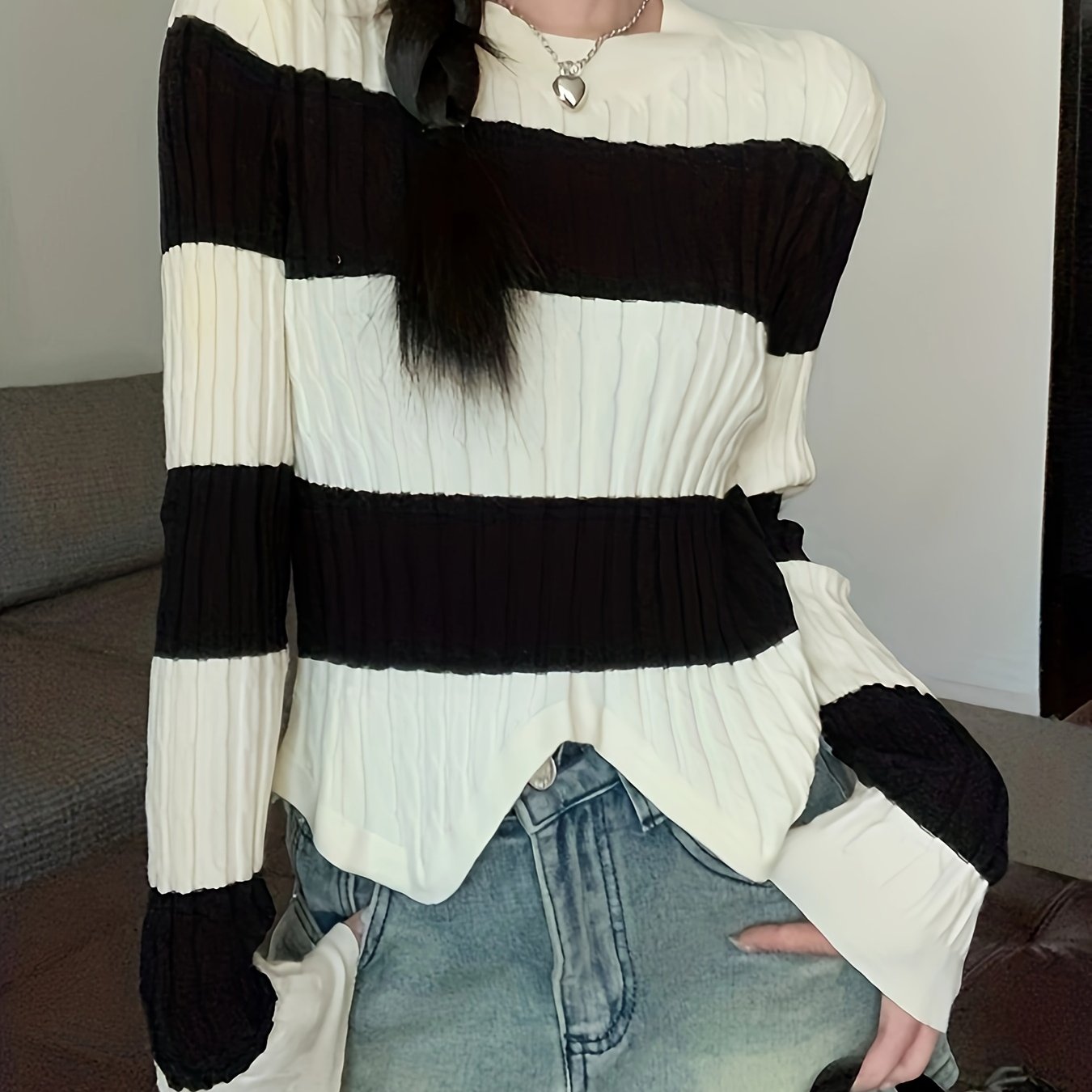 Antmvs Striped Print Crew Neck Sweater, Casual Long Sleeve Split Hem Sweater For Fall & Winter, Women's Clothing