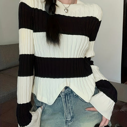 Antmvs Striped Print Crew Neck Sweater, Casual Long Sleeve Split Hem Sweater For Fall & Winter, Women's Clothing