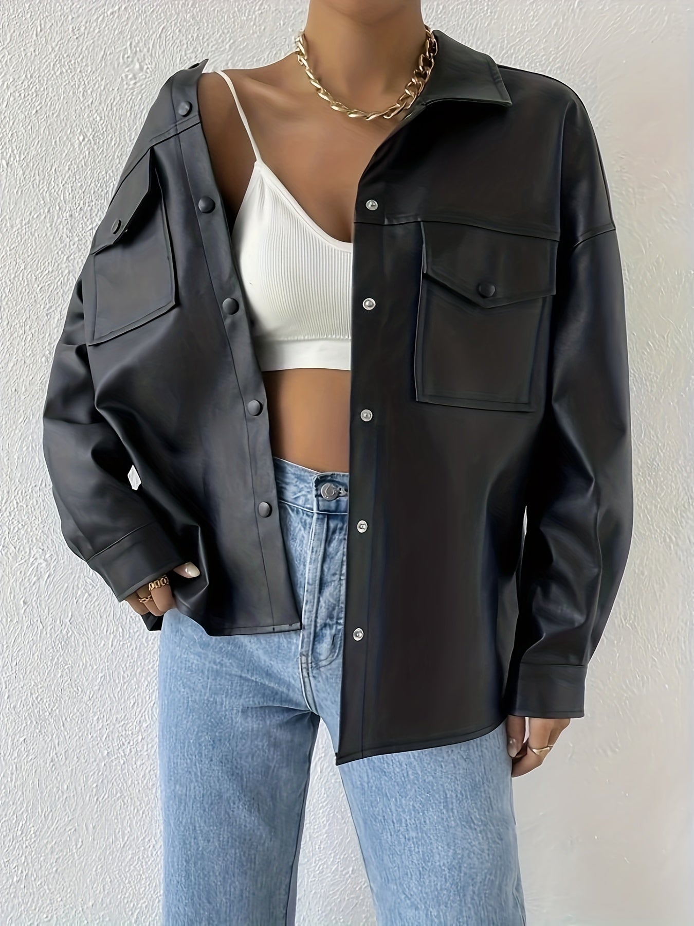 Antmvs Faux Leather Flap Pockets Jacket, Vintage Long Sleeve Drop Shoulder Solid Outwear , Women's Clothing