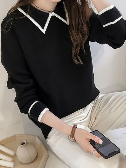 Antmvs Contrast Trim Pullover Sweater, Casual Long Sleeve Drop Shoulder Sweater, Women's Clothing