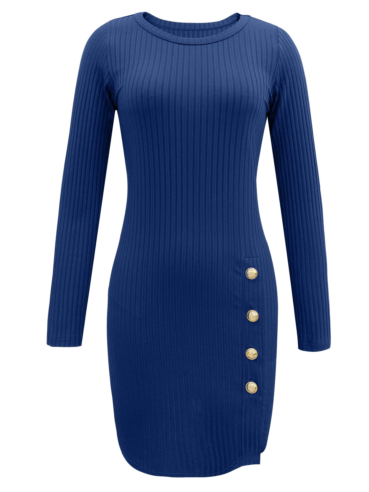 Antmvs Solid Ribbed Dress, Elegant Crew Neck Long Sleeve Buttons Dress, Women's Clothing