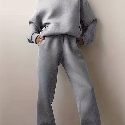 Antmvs Casual Solid Two-piece Set, Drop Shoulder Long Sleeve Hoodies & Elastic Waist Jogger Pants Outfits, Women's Clothing