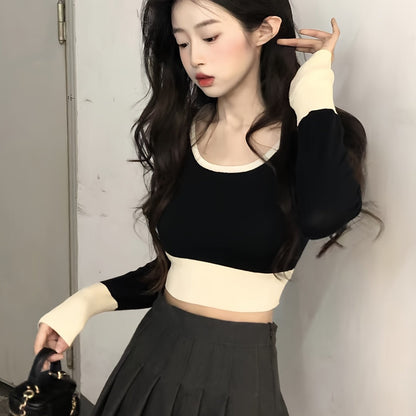 Antmvs Color Block Scoop Neck Knitted Top, Vintage Long Sleeve Crop Fashion Sweater, Women's Clothing