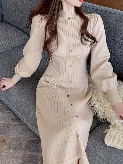 Antmvs Ribbed Mock Neck Dress, Casual Button Front Long Lantern Sleeve Dress, Women's Clothing