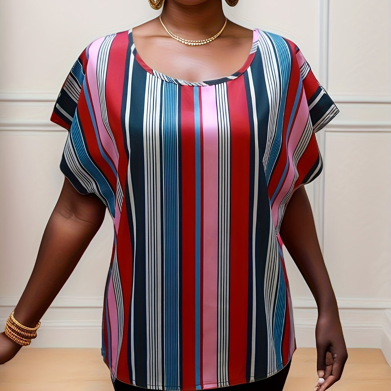 Antmvs  Colorful Striped Blouse, Elegant Crew Neck Short Sleeve Comfy Blouse, Women's Clothing