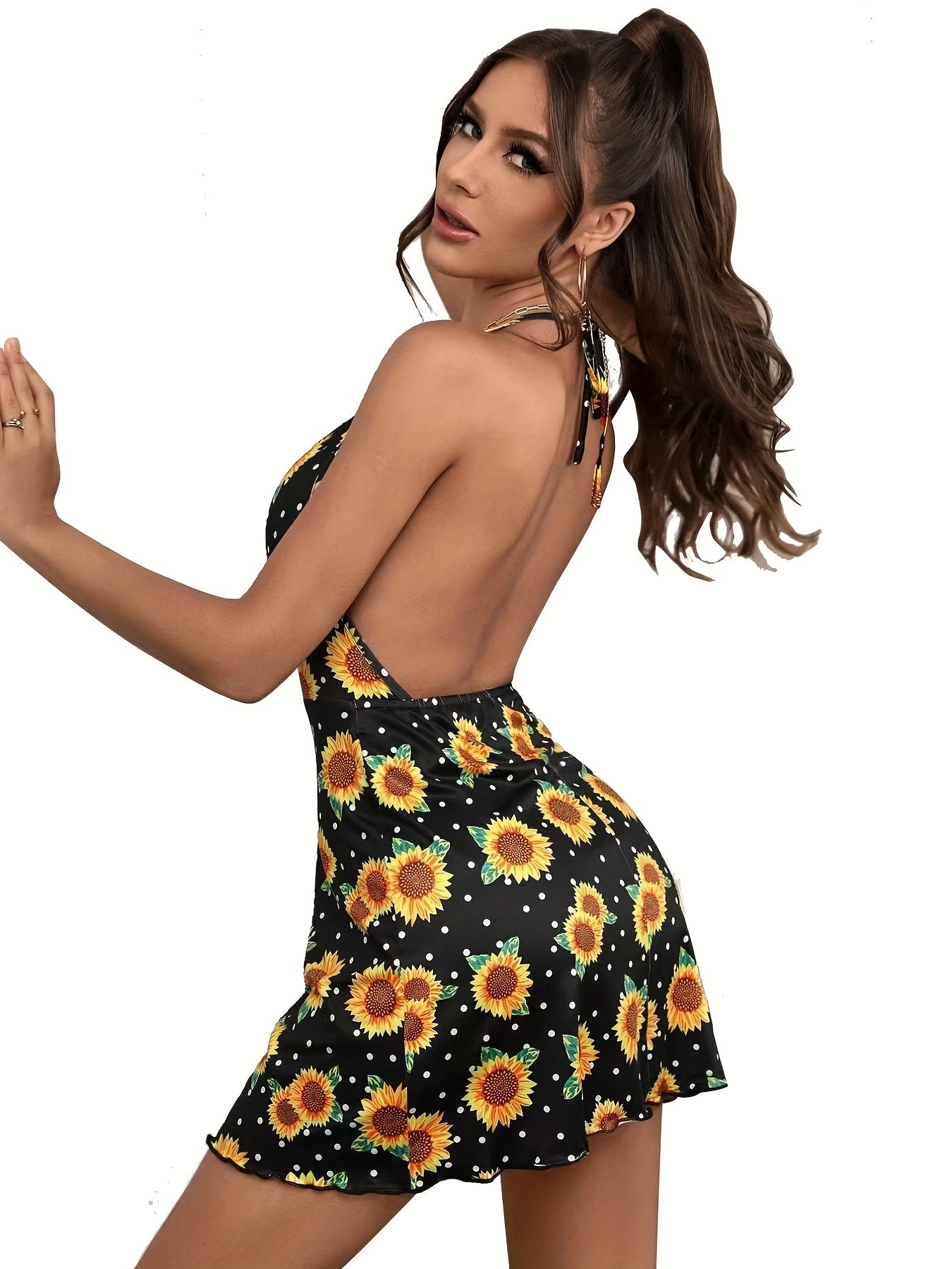 Antmvs Sunflower Print Dress, Sexy Halter Neck Draped Lettuce Trim Dress, Women's Clothing