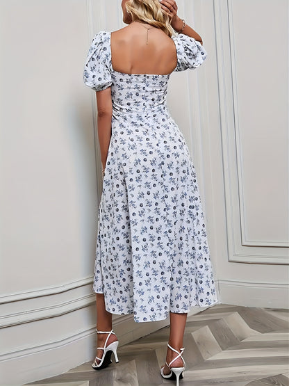 Antmvs Floral Print Sweetheart Neck Dress, Elegant Split Backless Short Sleeve Dress For Spring & Summer, Women's Clothing