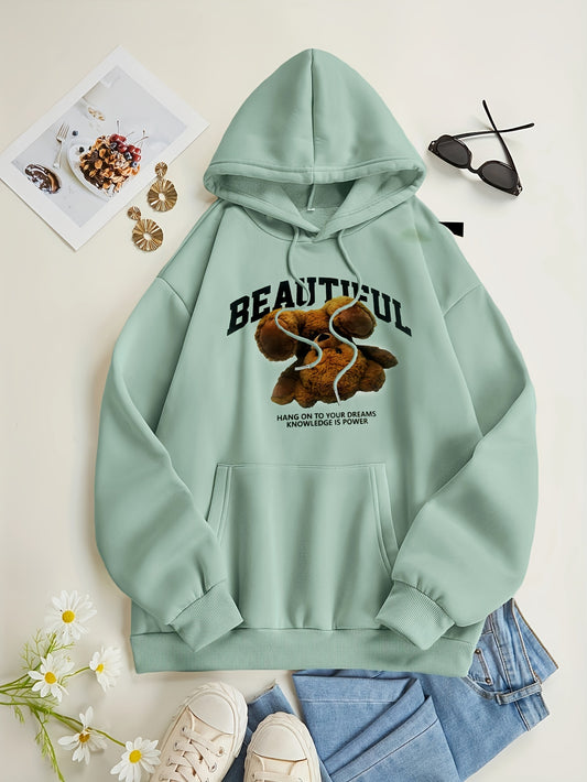 Antmvs Bear Print Kangaroo Pocket Hoodie, Casual Long Sleeve Drawstring Hoodies Sweatshirt, Women's Clothing