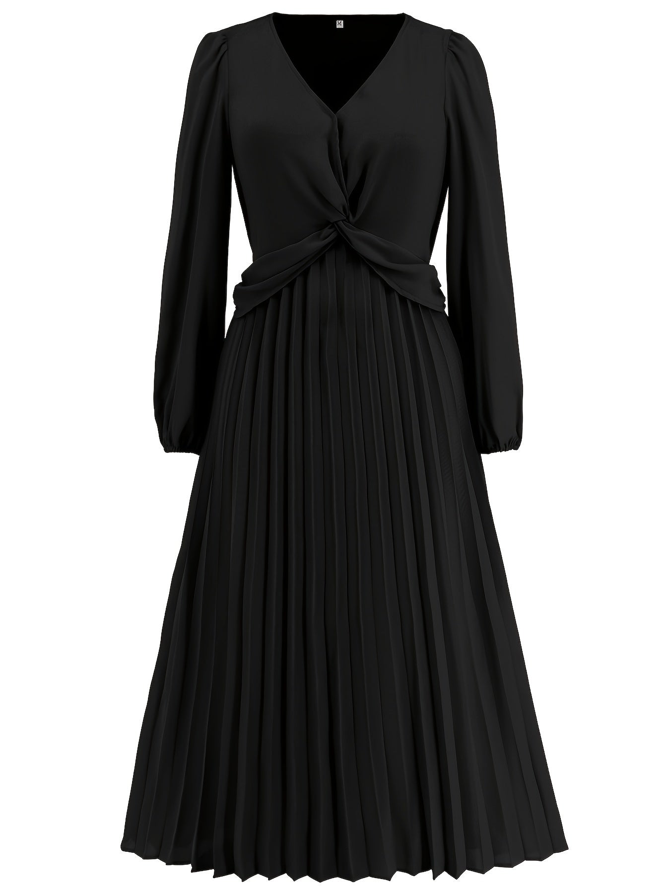 Antmvs Twist Front Pleated Dress, Elegant V Neck Long Sleeve Dress, Women's Clothing