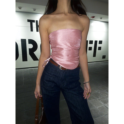 Antmvs Barbie Pink Shiny Pearlescent Fine Shewing Side Ties Irregular Pleated Sleeveless Bandeau Short Cropped Lace Up Top