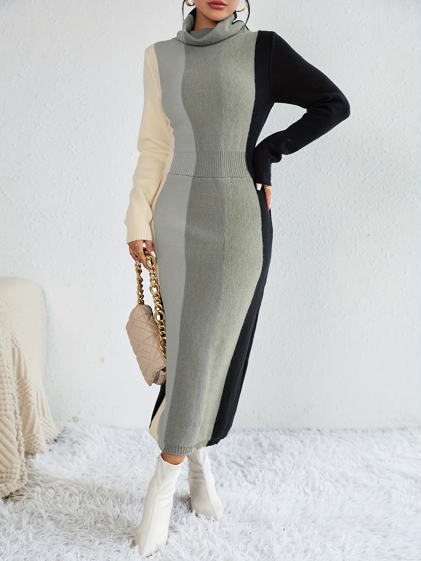 Antmvs Color Block Rib Knit Dress, Casual High Neck Long Sleeve Midi Dress, Women's Clothing